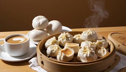 Canvas Print - Steaming basket of dumplings with a cup of coffee on a wooden table ready to eat