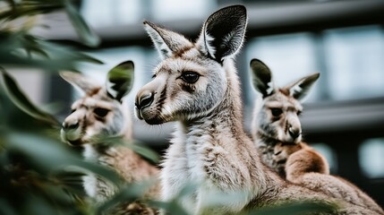 Poster - Three kangaroos resting near green foliage.