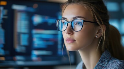 female programmer focused on coding in a high-tech environment