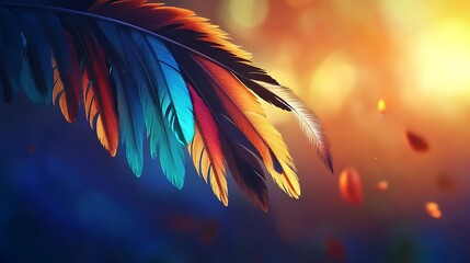 Poster - Vibrant multicolored feather against a blurred sunset backdrop with falling petals.