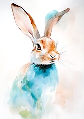 Wall Mural - Watercolor painting of a brown hare with teal and orange accents.