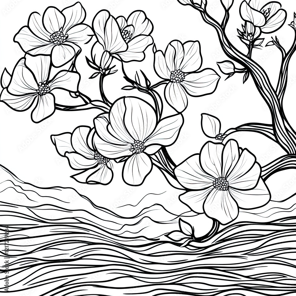 Whimsical Magnolia Tree Simple Coloring Page Design for Adults and ...