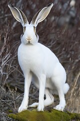 Wall Mural - White arctic hare sitting on rock, staring at camera.