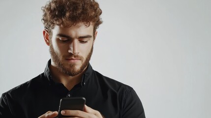 Man in Black Shirt Using Smartphone