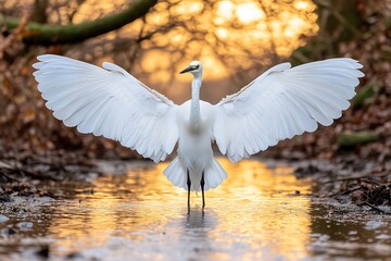 Wall Mural - White egret with wings spread wide in golden light.