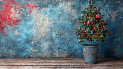 Wall Mural - Christmas tree in a rustic pot against a textured wall