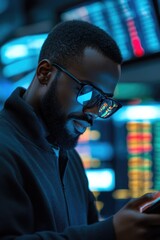 Wall Mural - Man in Sunglasses Looking at Cell Phone