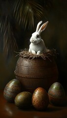 Poster - White rabbit in wooden pot with decorated eggs.