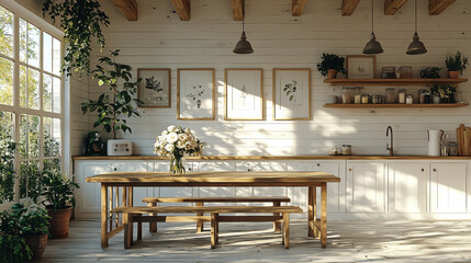 Wall Mural - Sunlit Farmhouse Kitchen: A rustic farmhouse kitchen bathed in warm sunlight, featuring a long wooden table, simple benches, and abundant greenery, creating a tranquil and inviting atmosphere. 