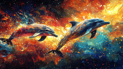 Wall Mural - Cosmic Dance:  Two vibrant dolphins leap through a swirling nebula, their bodies shimmering with ethereal light and cosmic dust, creating an otherworldly spectacle of aquatic grace and cosmic energy.