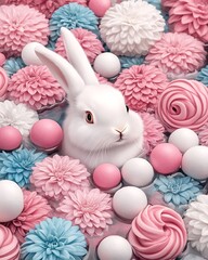 Canvas Print - White rabbit surrounded by pastel flowers and meringue.