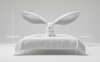 Canvas Print - White rabbit with large ears sitting on a white bed in a minimalist room.