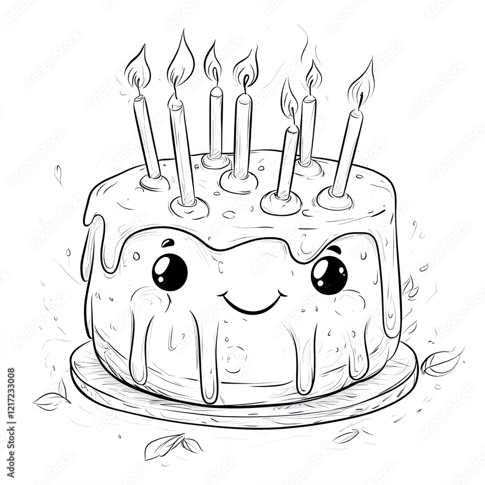 Adorable Smiling Cake with Candles Simple Coloring Page for Kids Stock ...