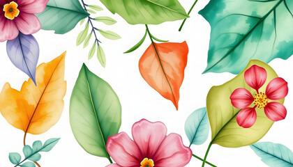 Wall Mural - Watercolor hand painted floral illustration, set of leaves isolated on white background, comic art