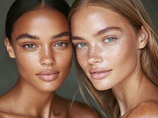 two portraits of african-caucasian beauty women with clean skin, representing ethnic beauty