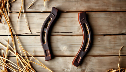 Wall Mural - Old rusty horseshoe surrounded by straw on vintage wooden board, collage style, with white tones