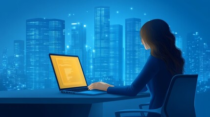 Woman programmer working late at night on a laptop in a city