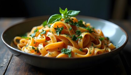 Canvas Print - Delicious Tagliatelle Pasta Dish with Fresh Parsley and Basil Garnish on Dark Wood Table