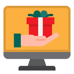 Wall Mural - computer and hand holding gift box with ribbon