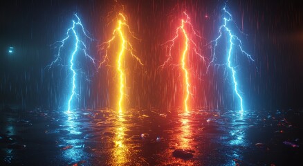 Wall Mural - visual representation of a thunderbolt within a set of realistic lightings against a black backdrop,