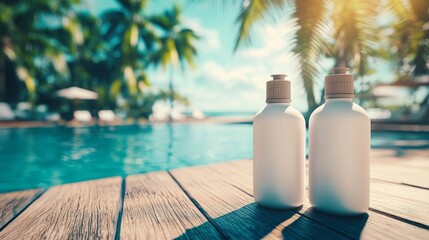 Poster - Two empty white sunscreen bottles are displayed on a wooden surface as a mockup