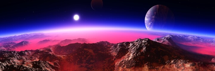 Wall Mural - beautiful alien landscape, sunrise over alien planet surface, , 3d rendering