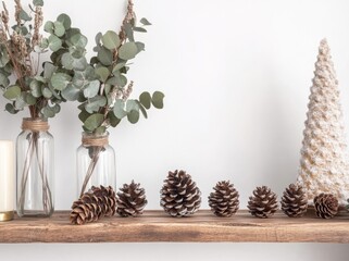 Canvas Print - A 3D rendering depicts an interior wall mockup with pine branches and holiday decor suspended above a rough wooden shelf, set against an empty white background