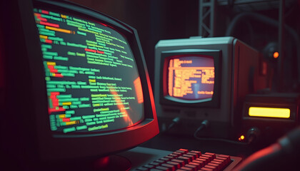 vintage science fiction computer, programming code, computer hacking (3d render), close-up, with white tones