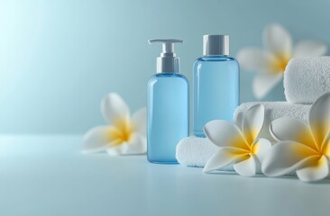 Poster - Bottles of cosmetics and towels are used by spas, beauty salons, and hotels