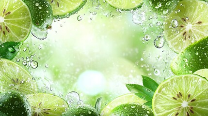 Wall Mural - Fresh limes with water droplets on surface accompanied by green leaves in a natural setting for culinary or beverage use