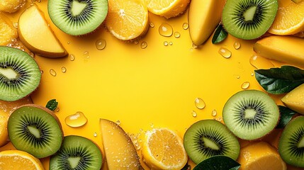 Wall Mural - Sliced kiwi fruits on a yellow background with bright and fresh appearance for healthy eating and nutrition concepts