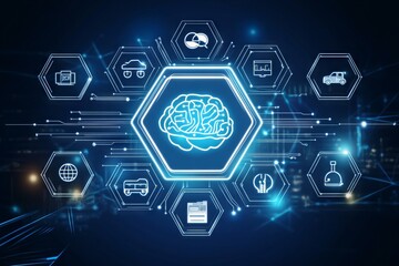 Wall Mural - a computer screen with a brain and many icons