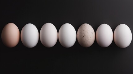 Row of six eggs arranged in a line on a black background. the eggs are of different sizes and colors - one is light brown, one is white, one has a speckled pattern, and one has an oval shape.