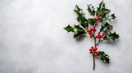 Canvas Print - The image shows a sprig of holly with bright green leaves and bold red berries, contrasting sharply with the white background