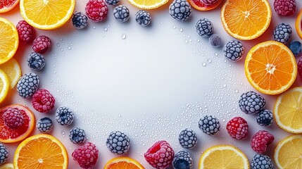 Wall Mural - A circle arrangement of fresh fruits including oranges with water droplets on a reflective surface showcasing vibrant colors and natural textures