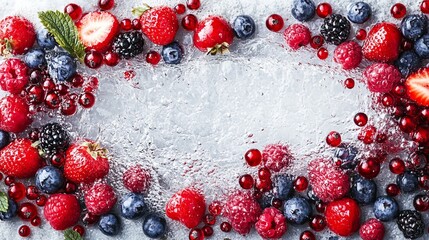 Wall Mural - White plate filled with fresh mixed berries including strawberries blueberries raspberries and blackberries arranged beautifully for a healthy dessert or snack