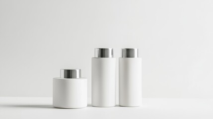 Poster - A realistic 3D rendering of cosmetic bottles displayed in a set on a white background