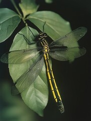 Wall Mural - Black and yellow dragonfly on leaf