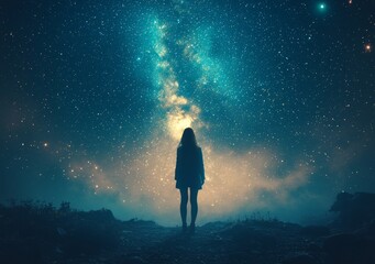Wall Mural - a man's silhouette standing out in a dreamlike surreal scene with a starry night