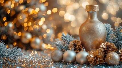 Wall Mural - Christmas morning. Timeless apartments with white interiors, a beautifully decorated tree, flickering candles, and gold Christmas decorations