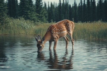 Wall Mural - Deer at pond