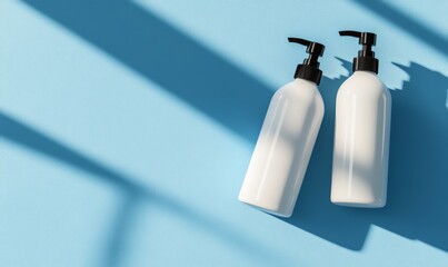 Poster - A three-dimensional mockup featuring white opaque plastic and transparent glass cosmetic bottles with pump caps. A realistic illustration set of these white opaque plastic and transparent glass