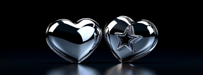 Reflective silver balloons in the shape of a star and two hearts, with a sleek finish, set against a black background, complemented by a 3D chrome Y2K design and a silver liquid star