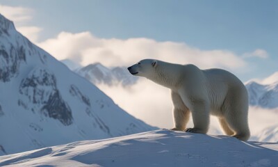 polar bear in profile, silhouetted against snowy mountain range, wilderness, nature