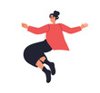 © Good Studio - Happy woman jumping up. Excited office worker in joyful flying pose, smiling and rejoicing. Female employee in air, joy and positive energy. Flat vector illustration isolated on white background