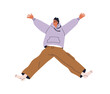 © Good Studio - Happy excited man jumping up, energy pose. Joyful active person flying in air, leaping with arms and legs outstretched, rejoicing, exulting. Flat vector illustration isolated on white background