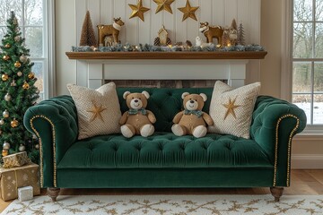 Canvas Print - Luxurious Christmas living room setup includes a green sofa, white chimney, Christmas tree, wreath, stars, gifts, and holiday decorations. Family time. Template