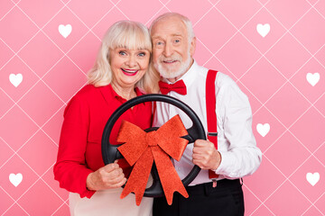 Wall Mural - Portrait of attractive gray-haired couple boyfriend girlfriend buying new vehicle isolated over pink pastel color background