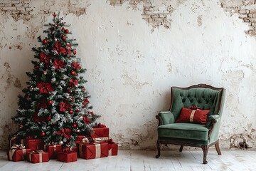 Wall Mural - A white Christmas tree decorated with gifts and garland for the new year