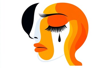 Aufkleber - A minimalist illustration of a face with furrowed brows and a single tear, drawn in bold, simple lines to convey worry and emotion